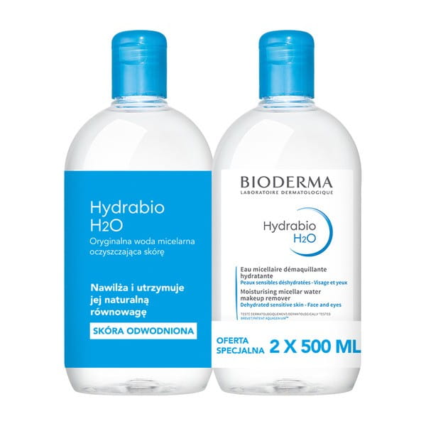 Bioderma Hydrabio H2O nawilżająca woda micelarna do oczyszczania twarzy i zmywania makijażu 500 ml x 2 szt.