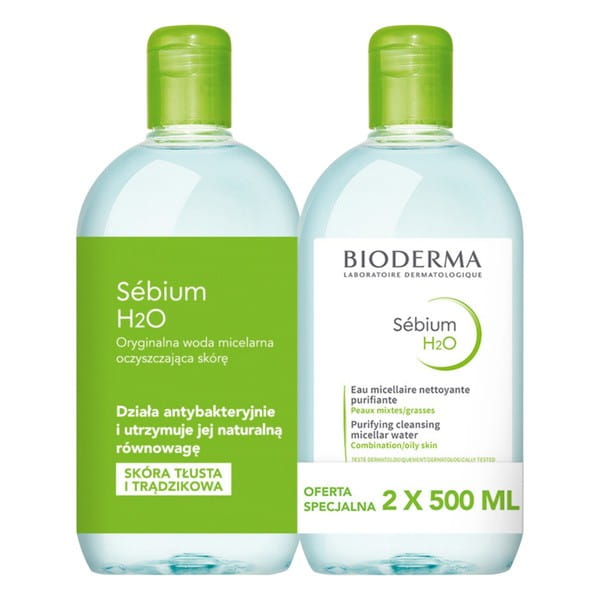 Bioderma Sebium H20 woda micelarna do oczyszczania twarzy i zmywania makijażu cera trądzikowa 500 ml x 2 szt.