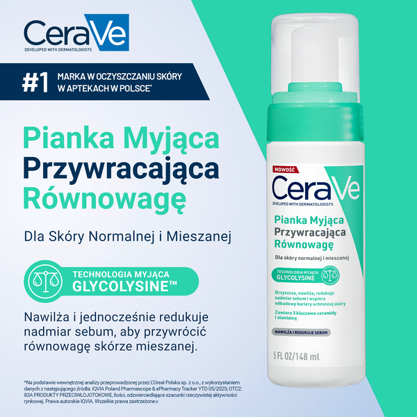 CeraVe pianka myjąca przywracająca równowagę dla skóry normalnej i mieszanej 148 ml