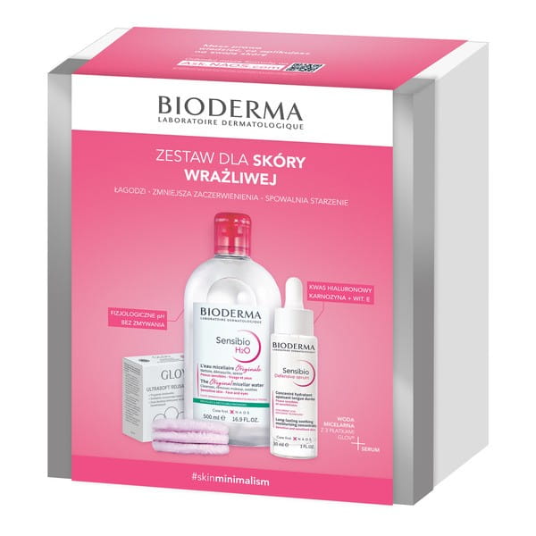 Bioderma, Sensibio Defensive, woda miceralna do oczyszczania i demakijażu, 500 ml + łagodzące serum nawilżające, 30 ml + Glov, płatki, 3 szt.
