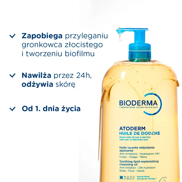 Bioderma Atoderm Huile de douche, olejek do kąpieli i pod prysznic do ciała i twarzy, 1000 ml