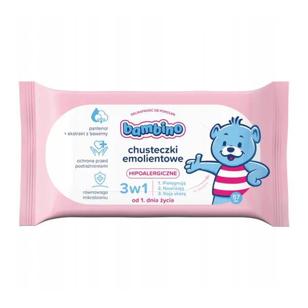 Bambino, chusteczki emolientowe, hipoalergiczne ,3w1, od 1go dnia, 57 sztuk