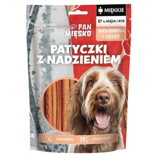 Pan Mięsko Przysmak dla psa Patyczki z nadzieniem Wołowina i łosoś (dorosły) 100g