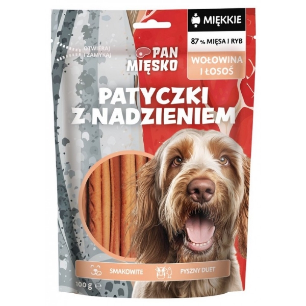 Pan Mięsko Przysmak dla psa Patyczki z nadzieniem Wołowina i łosoś (dorosły) 100g