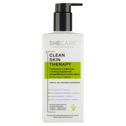 SheCare Clean Skin Therapy probiotyczna emulsja do ciała z funkcją łagodzenia potrądzikowych zmian skóry, 225 ml