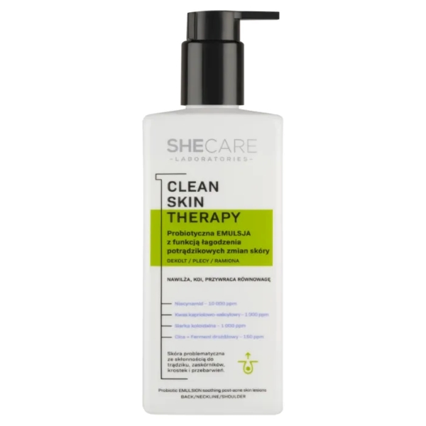 SheCare Clean Skin Therapy probiotyczna emulsja do ciała z funkcją łagodzenia potrądzikowych zmian skóry, 225 ml