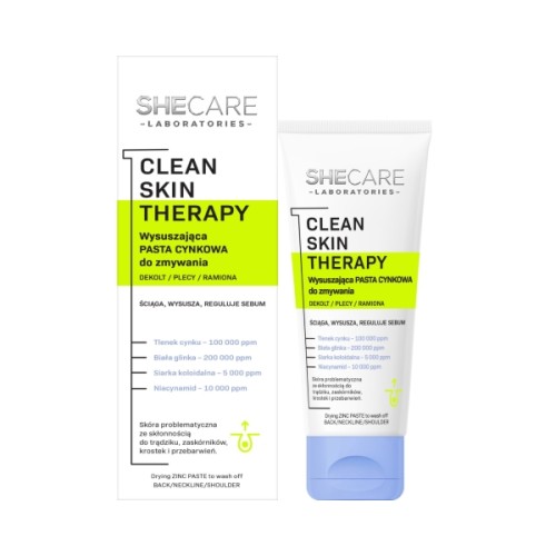 SheCare Laboratories Clean Skin Therapy, Wysuszająca pasta cynkowa do zmywania – dekolt, plecy, ramiona, 90g