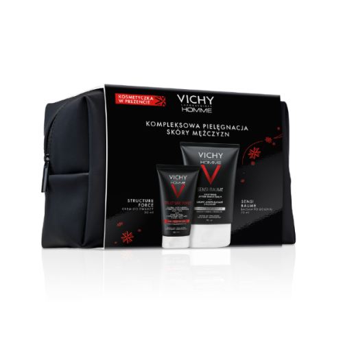 Vichy Homme, zestaw prezentowy z kosmetyczką (wzmacniająco-kojący balsam po goleniu 75 ml + krem przeciwzmarszczkowy 50 ml)