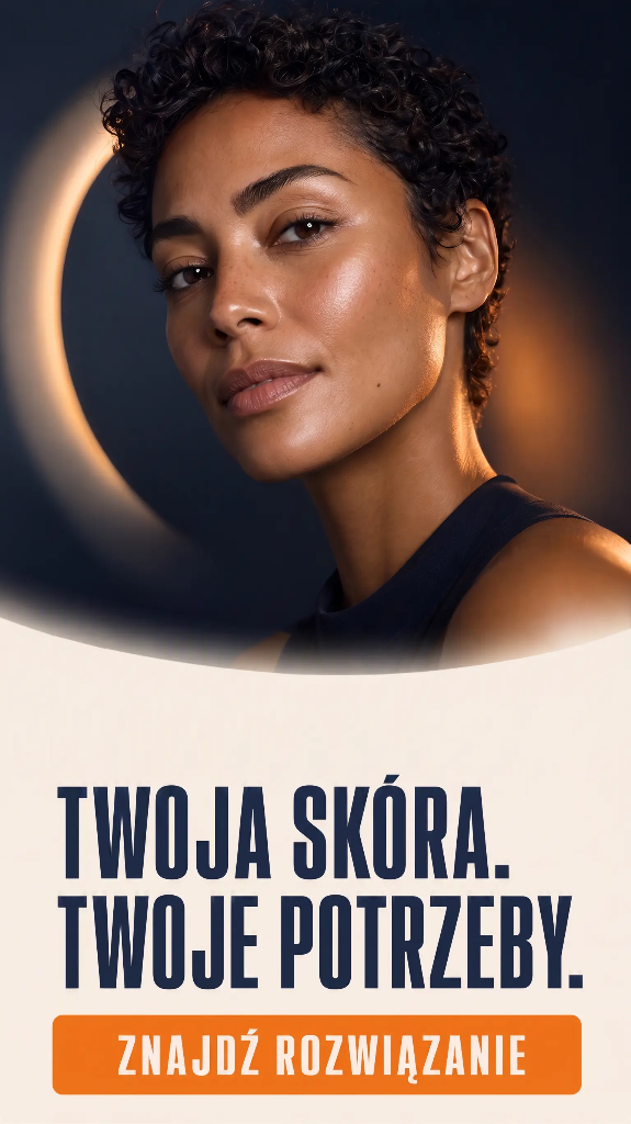 Baner „Twoja skóra. Twoje potrzeby.” z portretem kobiety i przyciskiem „Znajdź rozwiązanie”